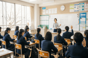 「堺市西区・鳳エリアの個別指導塾ハッピースマイル鳳教室の授業風景。生徒が制服姿で机に向かい、先生がホワイトボードを使って丁寧に指導。質問に手を挙げる生徒もおり、活気ある学習環境が広がる。津久野中学校・鳳中学校・福泉中学校の生徒を中心に、定期テスト対策や高校受験サポートを行い、勉強が苦手な子も前向きに学べる地域密着型の塾。」